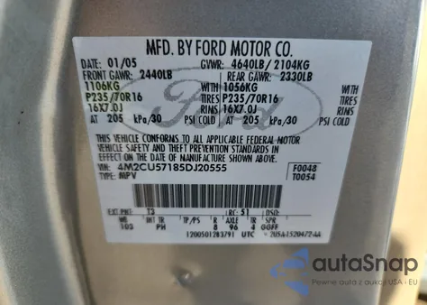 2005 Mercury Mariner z USA, uszkodzony, nr VIN 4M2CU57185DJ20555